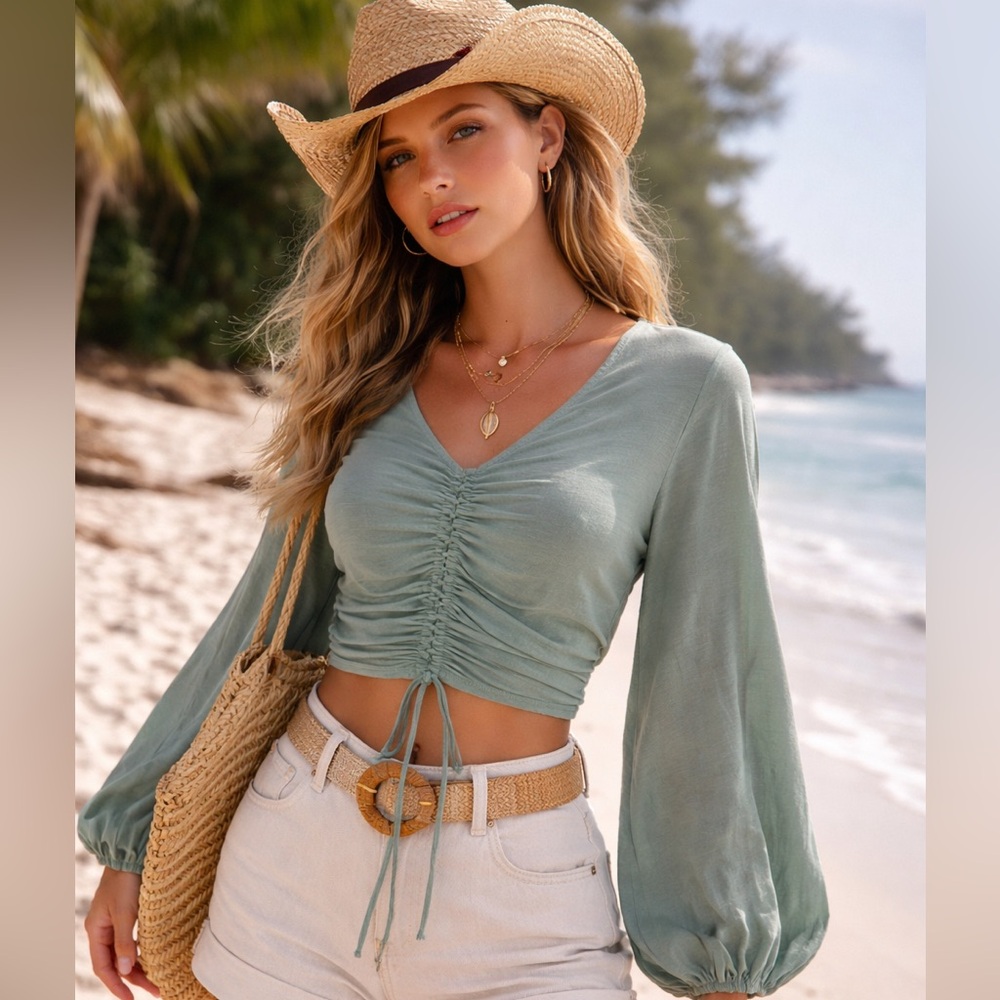 CHOOSY Sage Green Ruched Crop Blouse Tencel Tie Front  Sleeve Boho Top SIZE 8